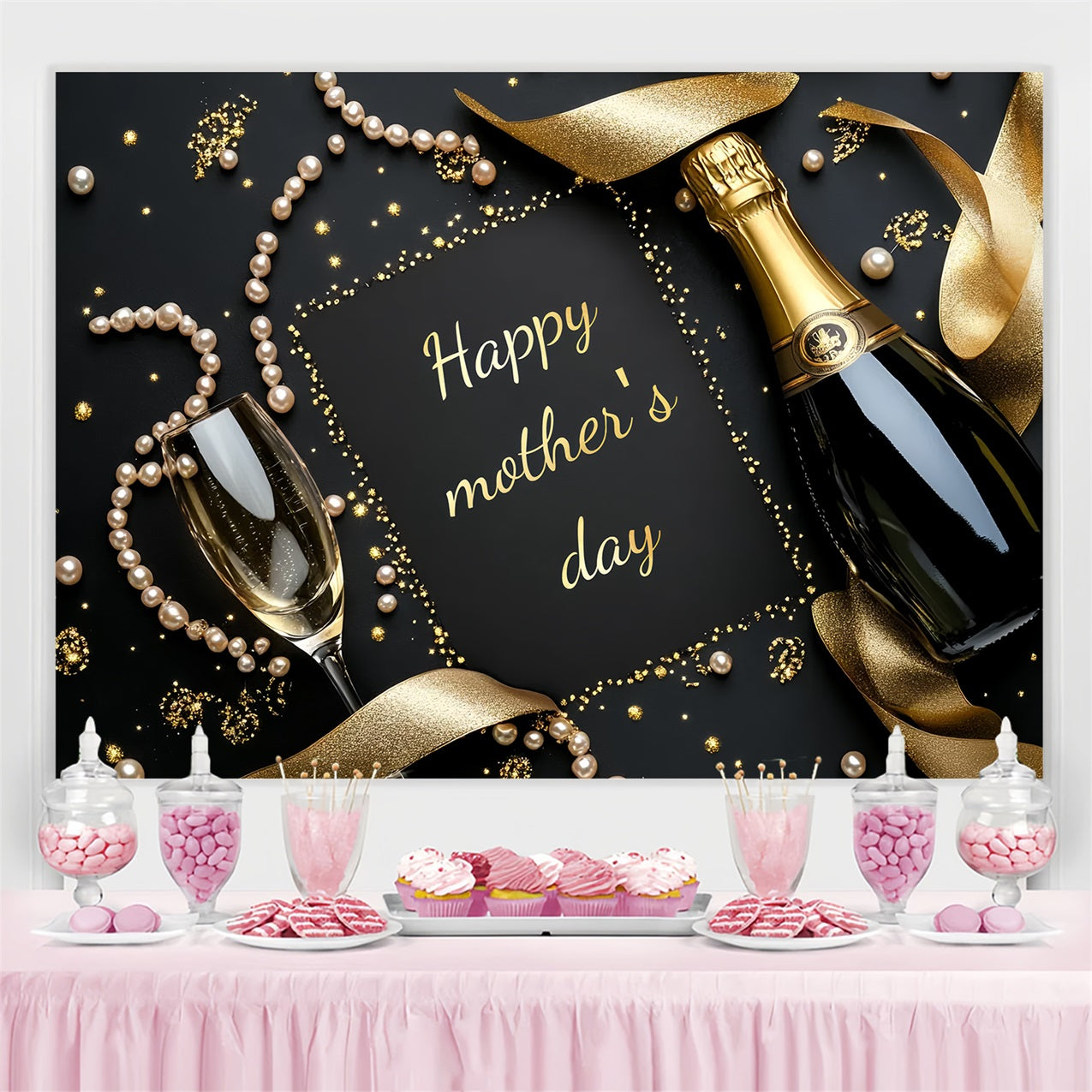 Toile de fond Fête des Mères Personnalisable Perles Champagne Dorées CSH3-174