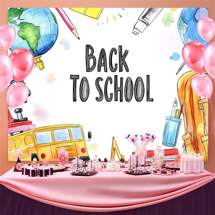 Toile de fond Rentrée des Classes Fournitures Scolaires Aquarelle CSH3-50