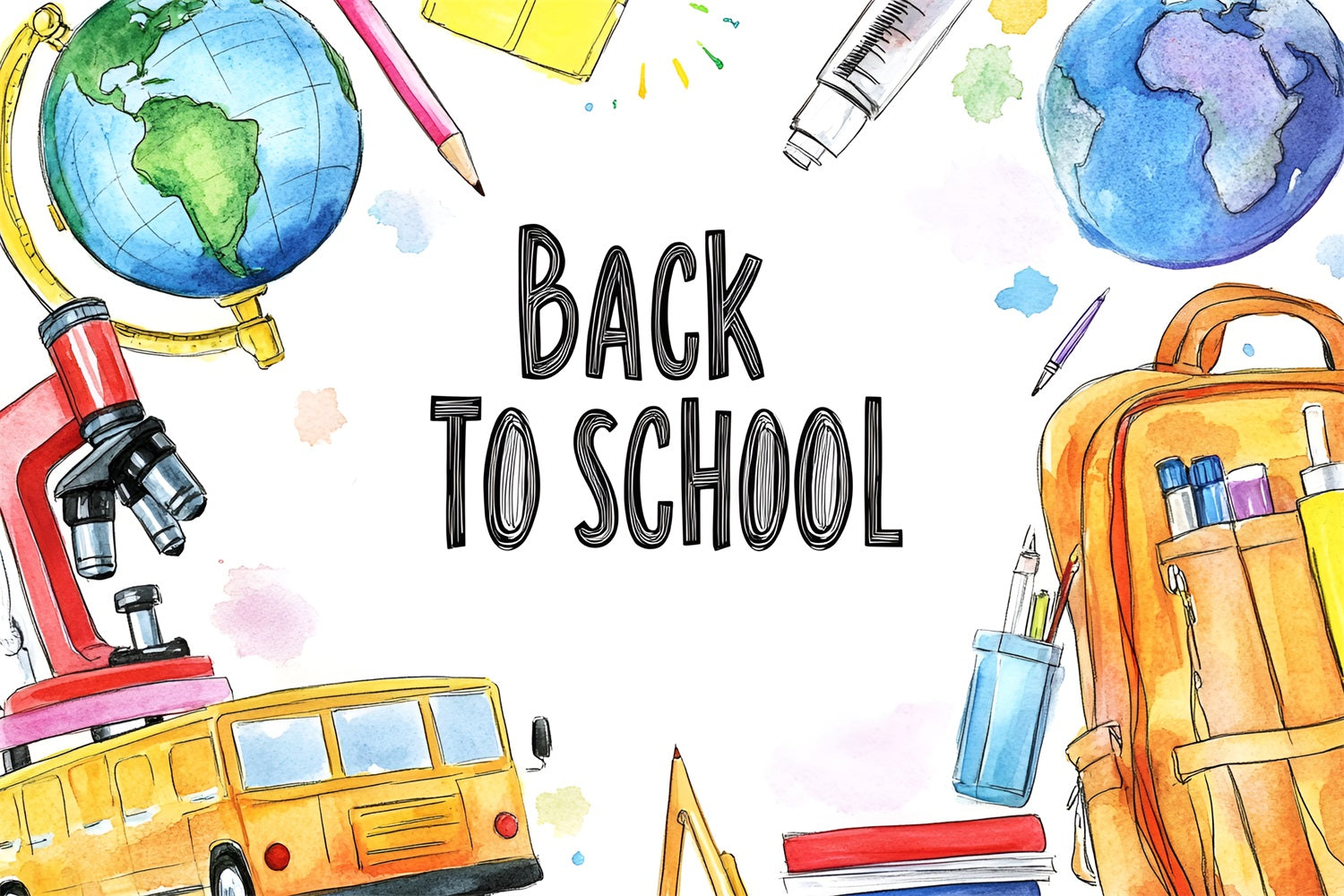 Toile de fond Rentrée des Classes Fournitures Scolaires Aquarelle CSH3-50