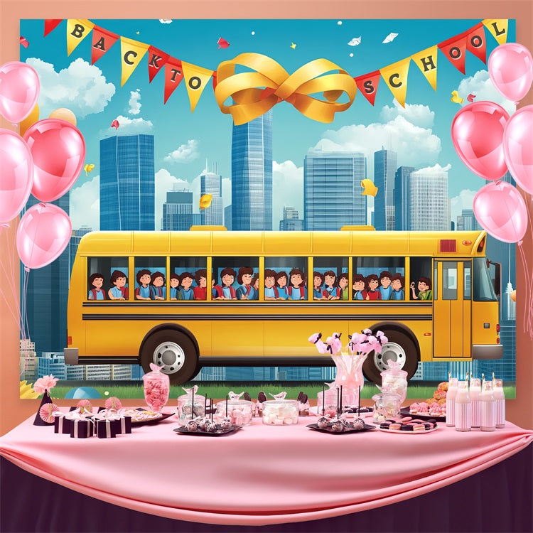 Toile de fond Rentrée des Classes Bus Scolaire Jaune Paysage Urbain CSH3-55