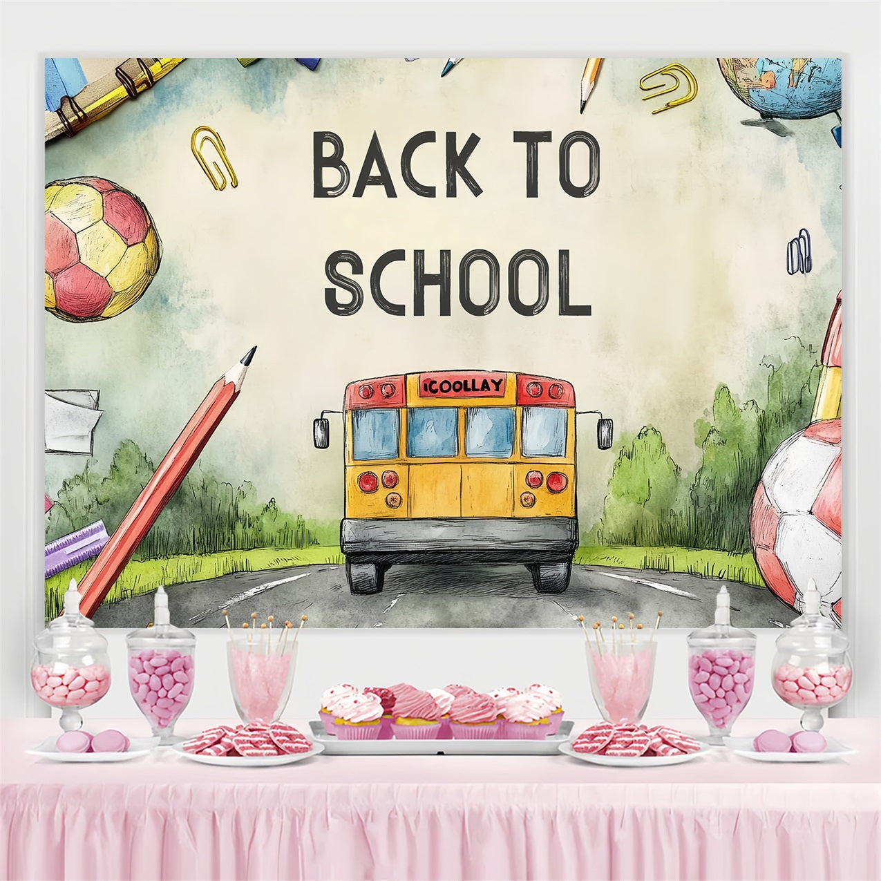 Toile de fond Rentrée des Classes Aquarelle Route Bus Scolaire CSH3-63