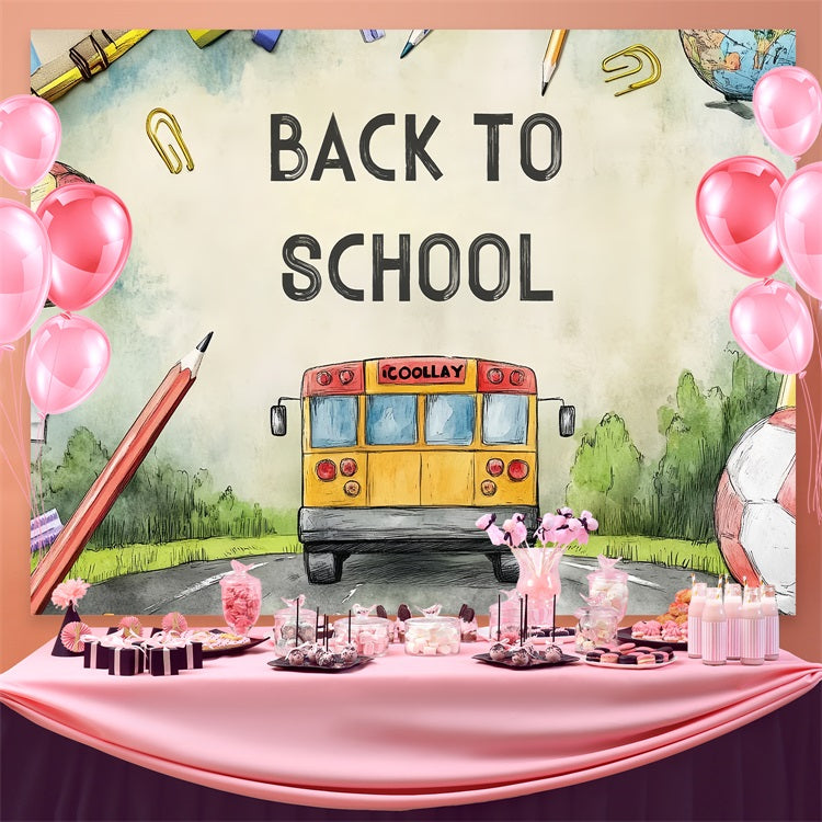 Toile de fond Rentrée des Classes Aquarelle Route Bus Scolaire CSH3-63