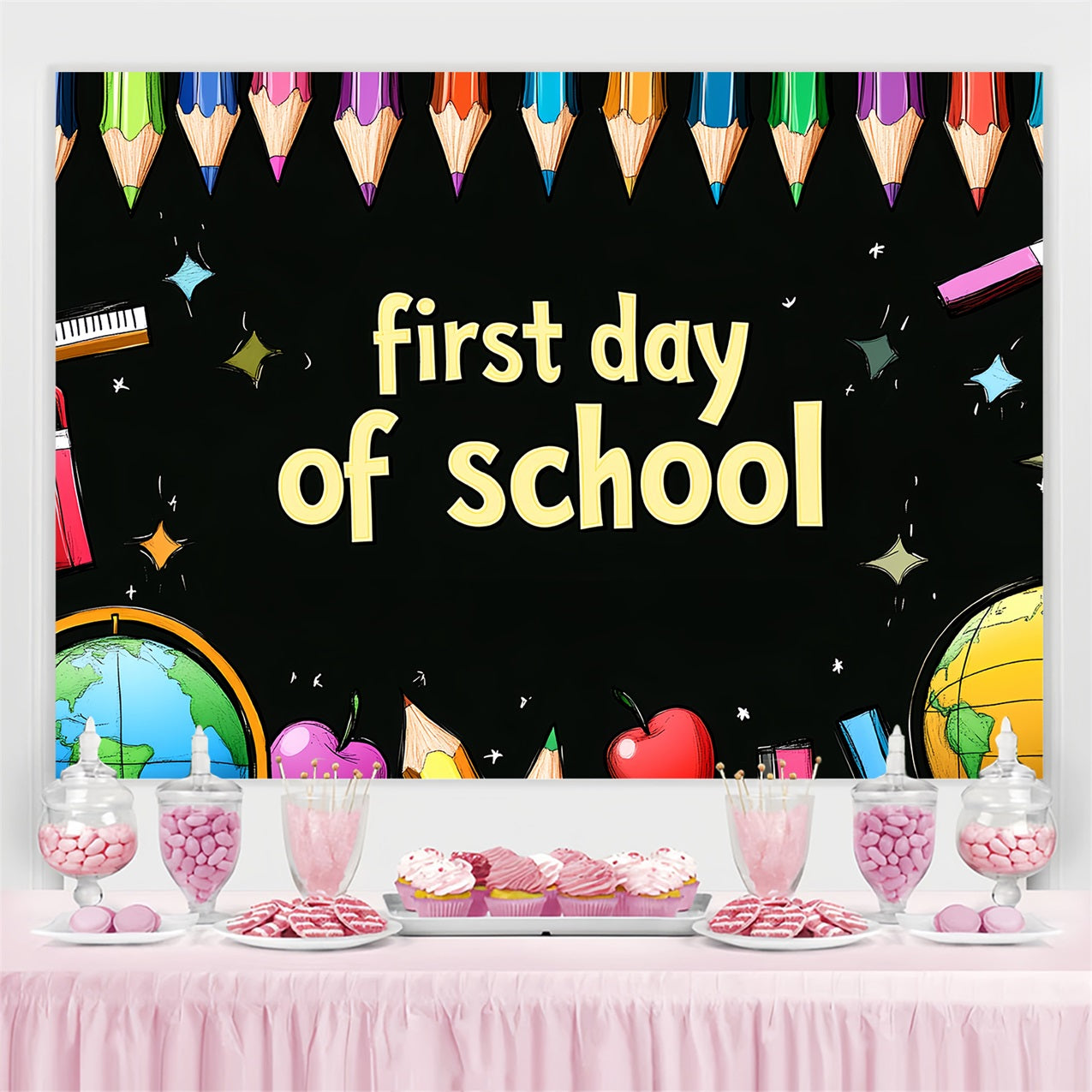 Toile de fond Rentrée des Classes Crayons Colorés Art Tableau Noir CSH3-64