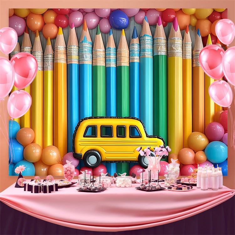 Toile de fond Rentrée des Classes Arc-en-Ciel Crayons Ballons Fête CSH3-65