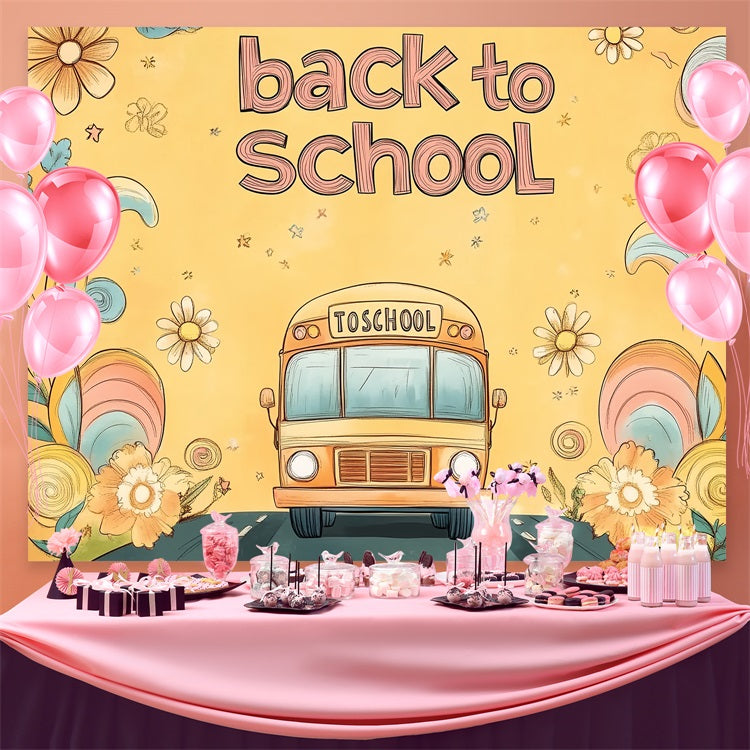 Toile de fond Rentrée des Classes Bus Scolaire Floral Dessiné à la Main CSH3-67