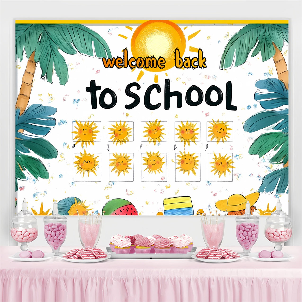 Toile de fond Rentrée des Classes Bienvenue ensoleillée Palmiers CSH3-75