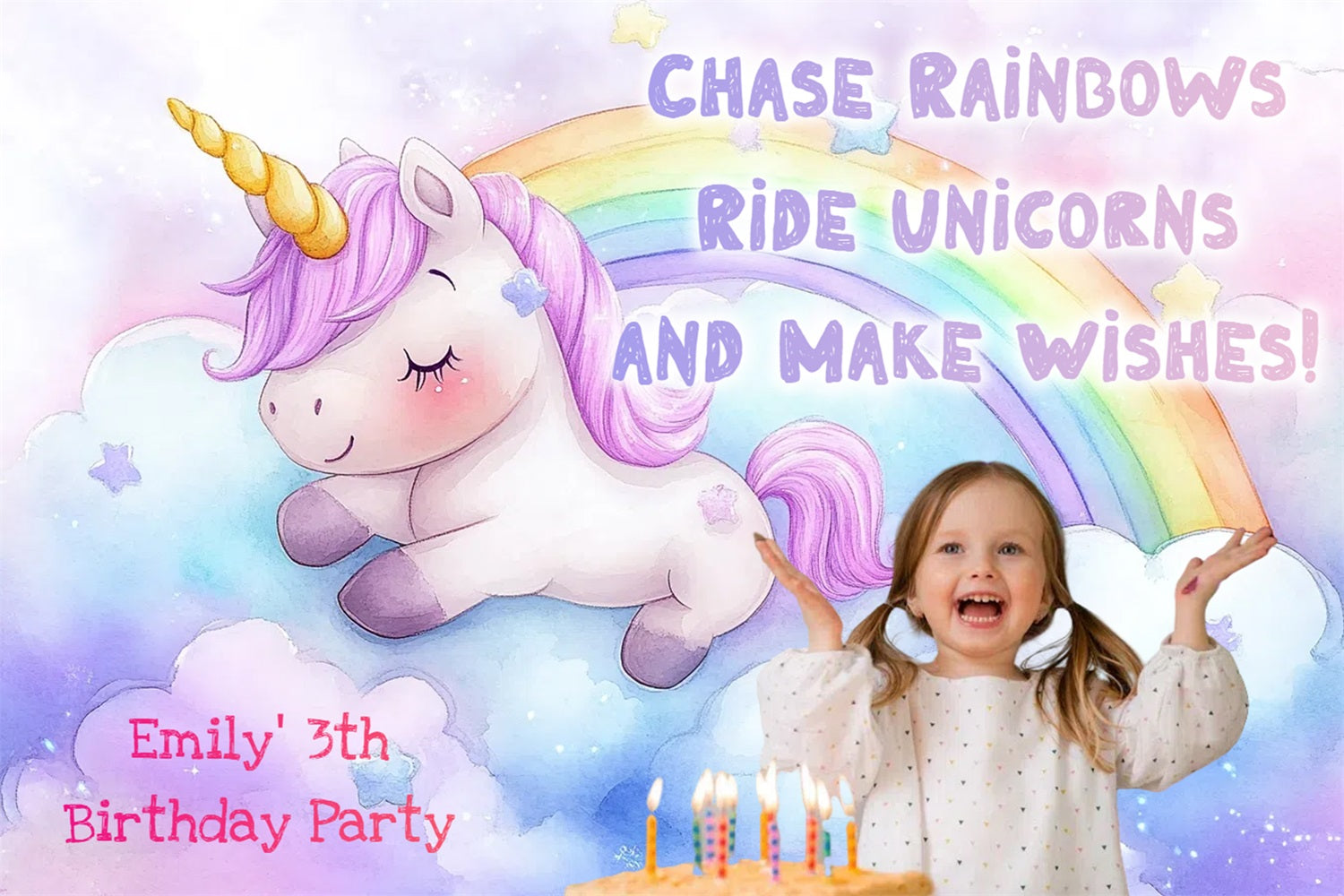 Toile de fond Photo Anniversaire Personnalisable Licorne Rêve Arc-en-Ciel CSH4-12
