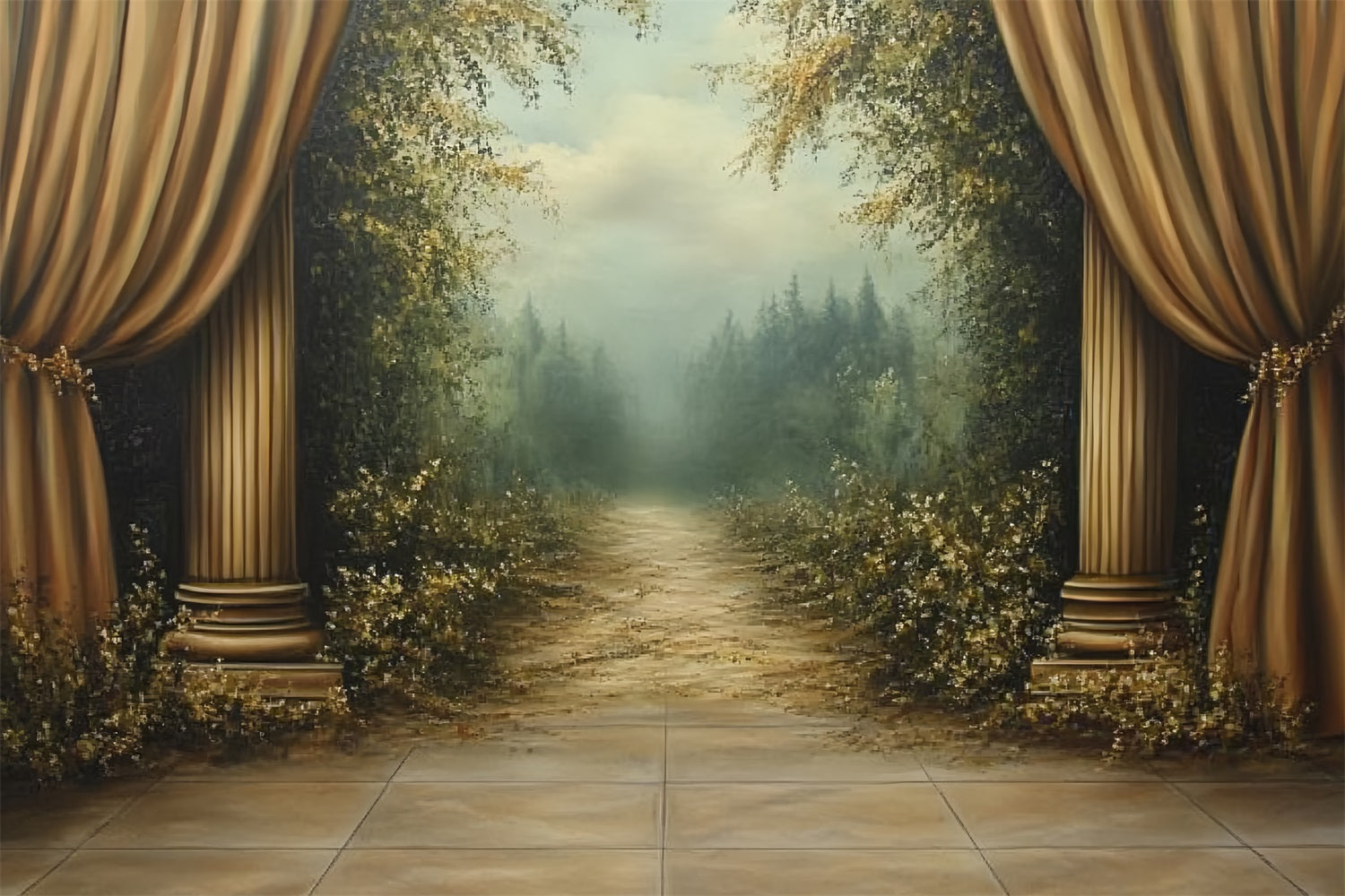 Toile de fond Victorienne Rideaux Dorés Sentier Forêtier Vintage CSH4-269