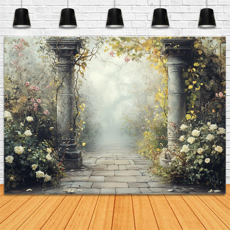 Toile de fond Vintage Pour Photoshoot Sentier en Pierre Fleurs CSH4-311