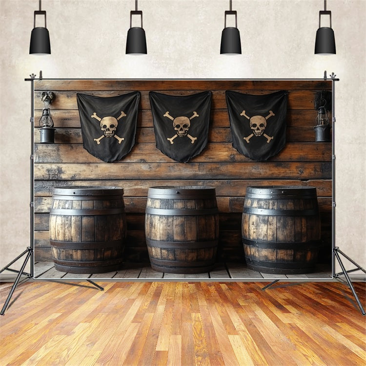 Toile de fond Vintage Taverne Pirate Barils Drapeaux CSH4-313