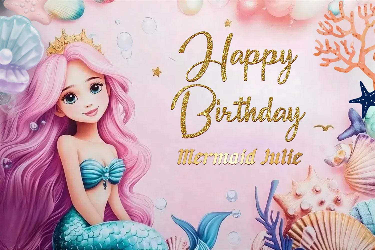 Toile de fond Anniversaire Personnalisable Couronne Fille Sirène CSH4-4