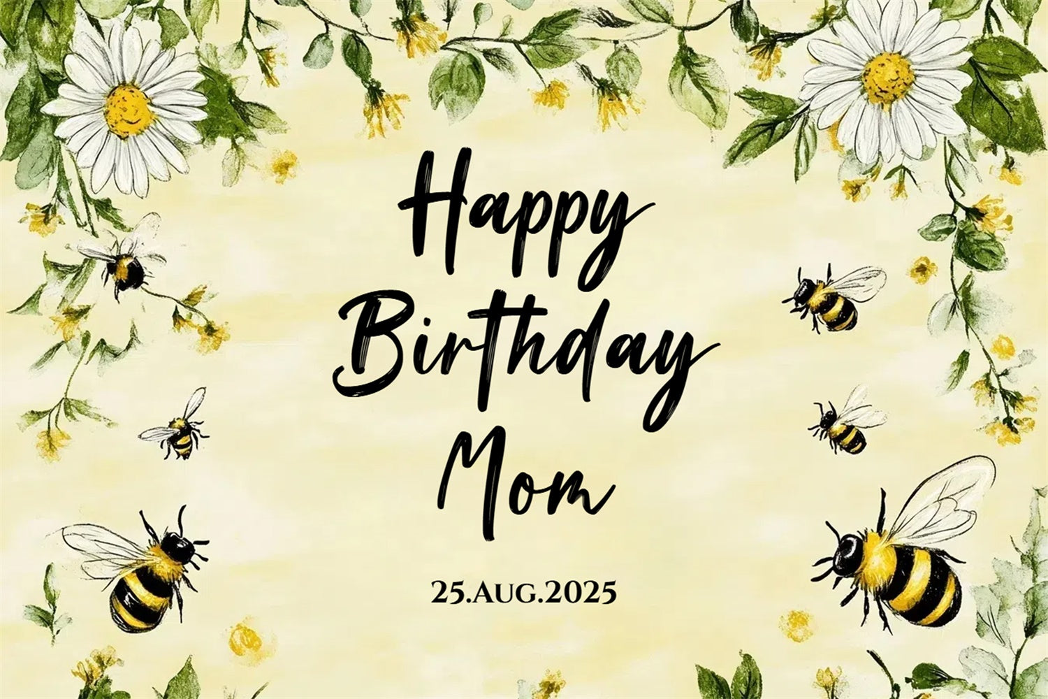 Toile de fond Anniversaire Personnalisée Marguerite Jaune Abeille Florale CSH4-49