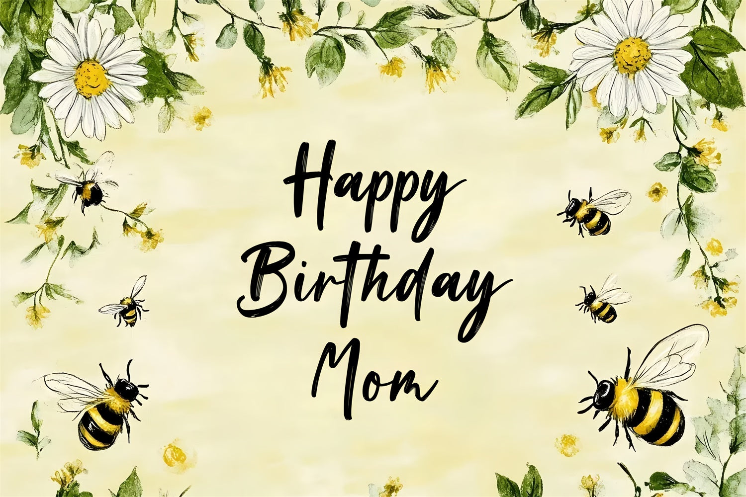 Toile de fond Anniversaire Personnalisée Marguerite Jaune Abeille Florale CSH4-49
