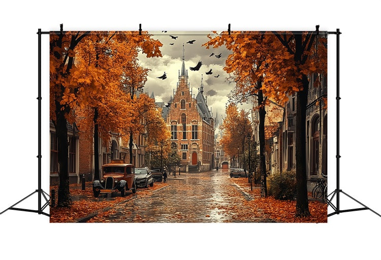 Toile de fond Automne Feuilles Route Gothique Pluie CSH57-189