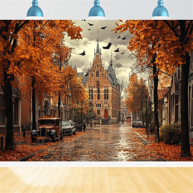 Toile de fond Automne Feuilles Route Gothique Pluie CSH57-189