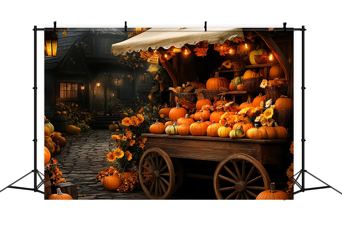 Toile de fond Deco Automne Chariot Citrouilles Village Lueur CSH57-196