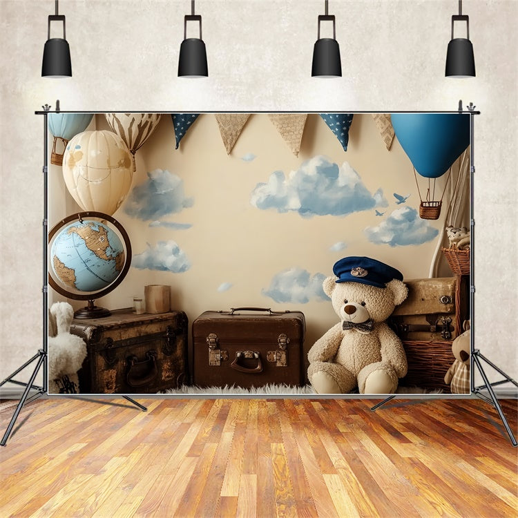 Toile de fond Photo Anniversaire Bébé Aventure Ours Montgolfière CSH6-305
