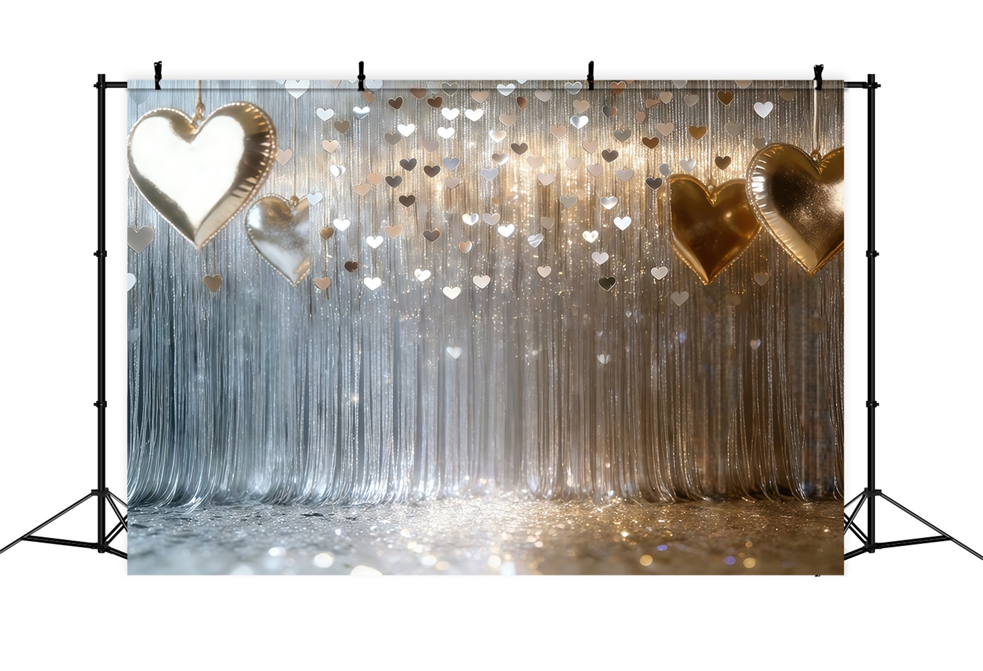 Toile de fond St Valentin Rideau Franges Argent Cœur CSH61-103