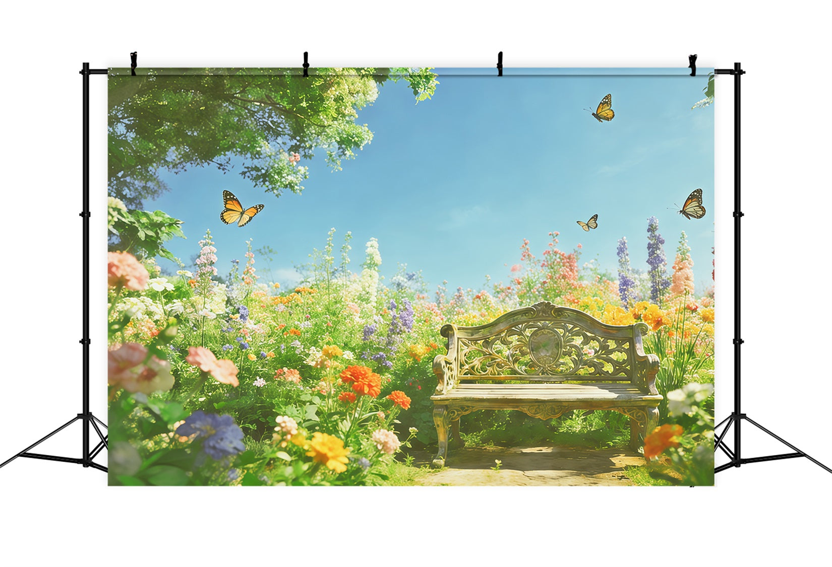 Fond Studio Photo Floral Banc Fleurs Sauvages Baigné De Soleil Papillon CSH61-119