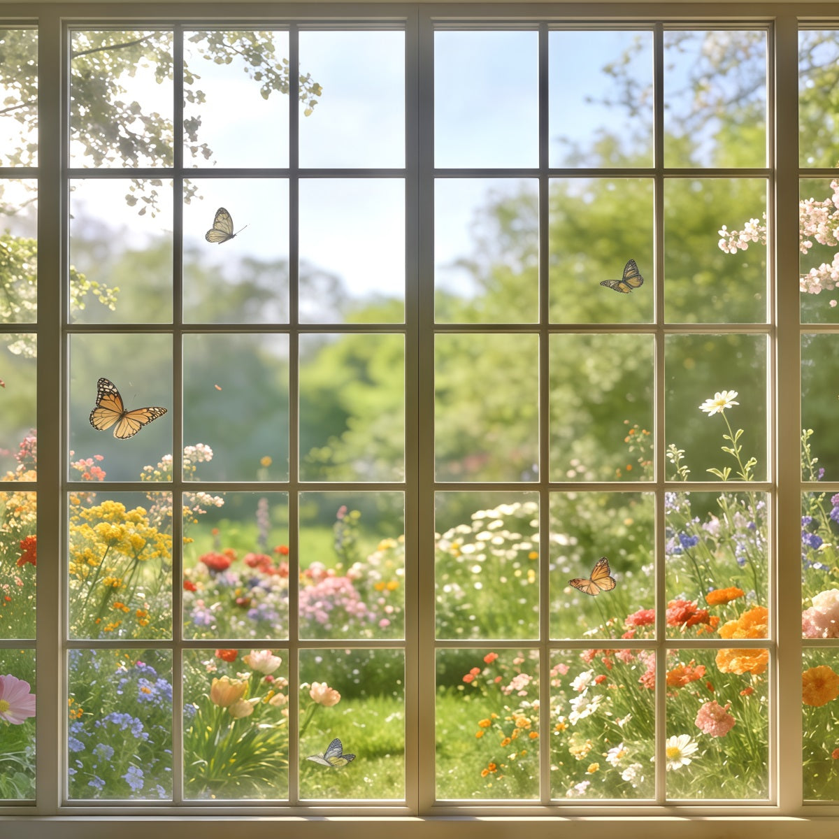 Toile de fond Photo Printemps Fenêtre Baignée De Soleil Vue Papillons CSH61-124