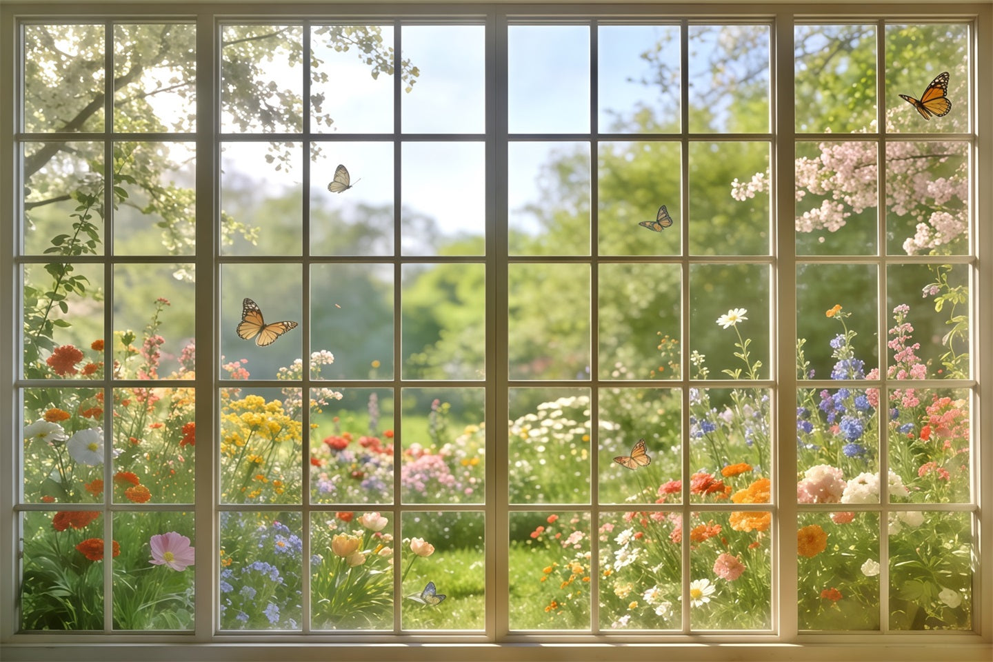 Toile de fond Photo Printemps Fenêtre Baignée De Soleil Vue Papillons CSH61-124