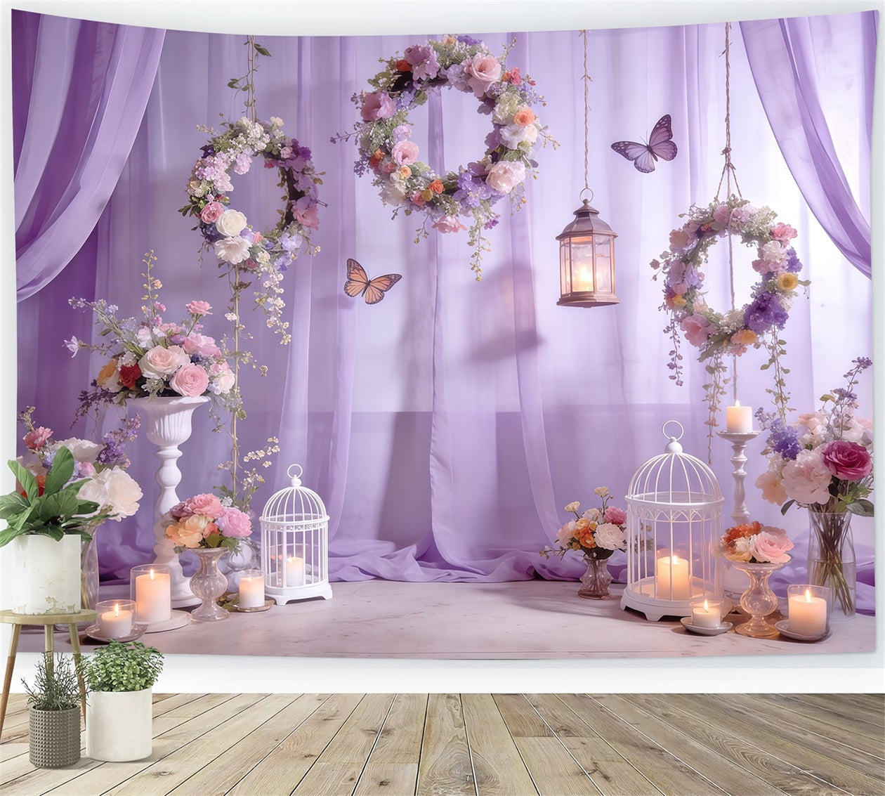 Toile de fond Photo Printemps Couronne Lavande Lanterne Papillon CSH61-132