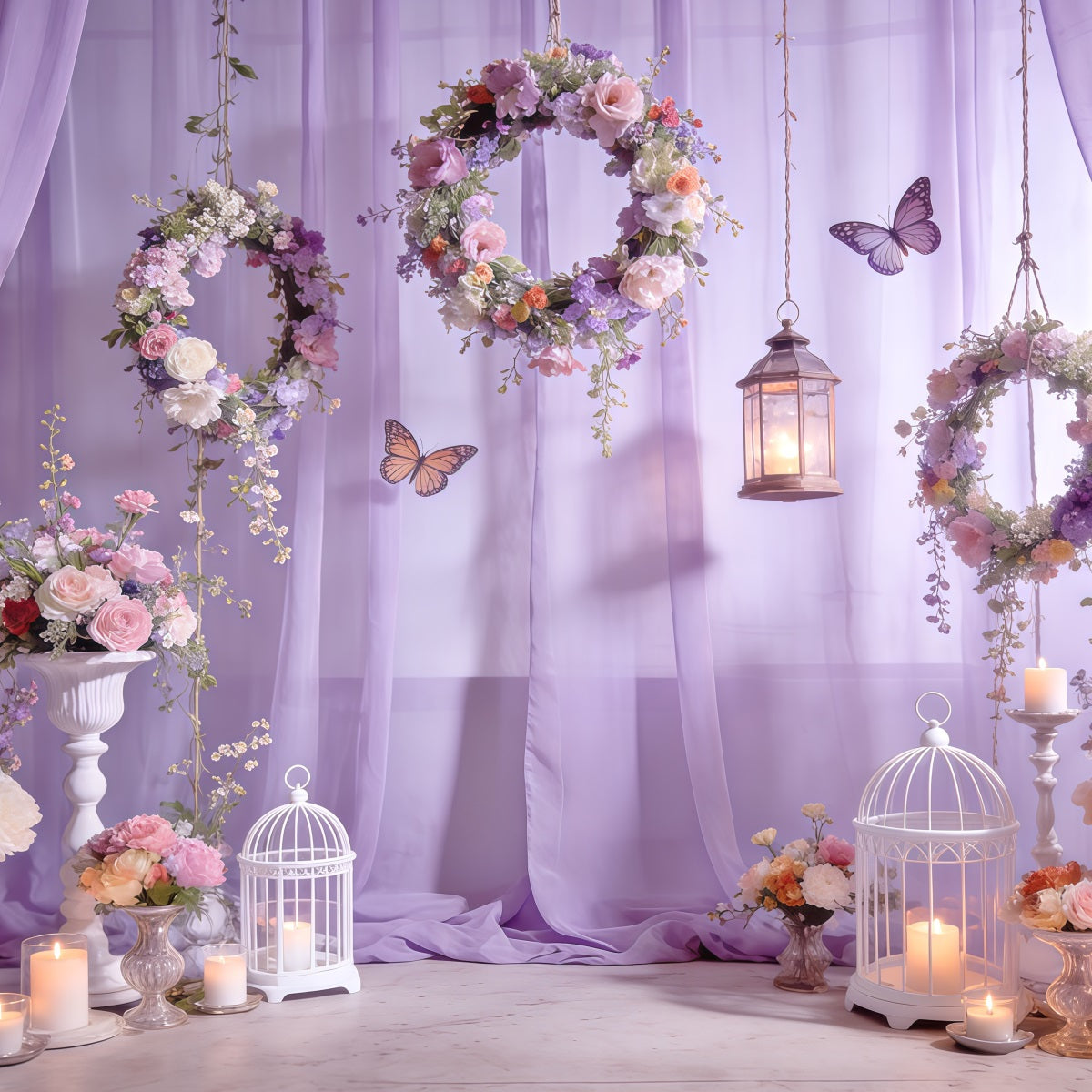 Toile de fond Photo Printemps Couronne Lavande Lanterne Papillon CSH61-132