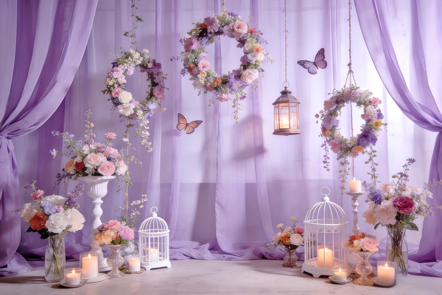 Toile de fond Photo Printemps Couronne Lavande Lanterne Papillon CSH61-132