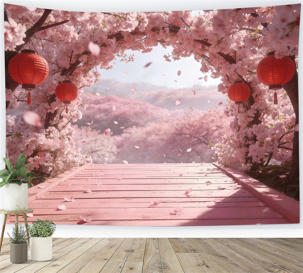 Fond Photo Floral Arche Lanternes Fleurs Roses CSH61-137
