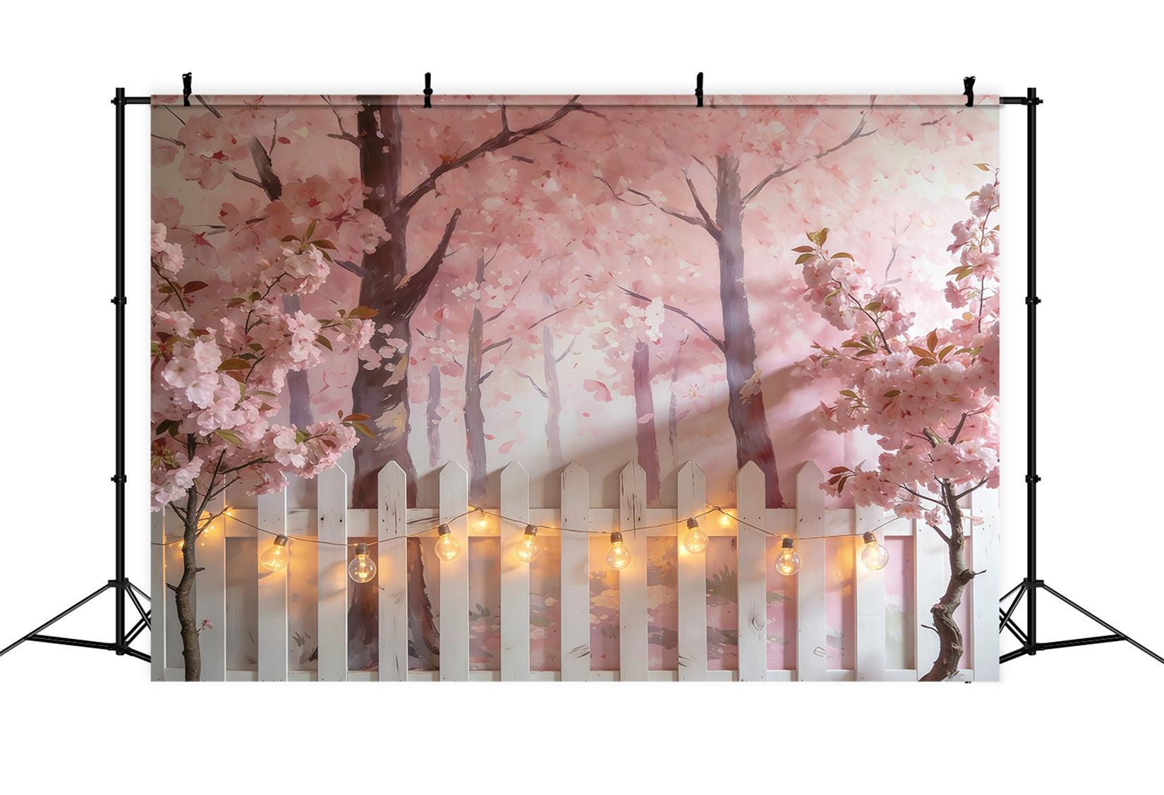 Fond Studio Photo Printemps Arbres Fleurs Roses Clôture Blanche CSH61-139