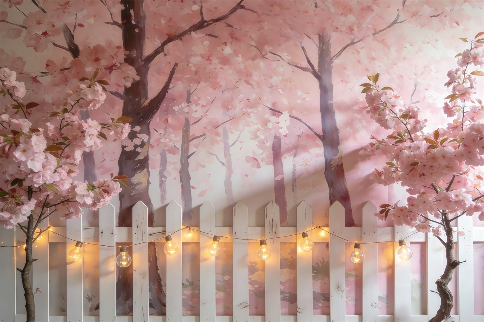 Fond Studio Photo Printemps Arbres Fleurs Roses Clôture Blanche CSH61-139