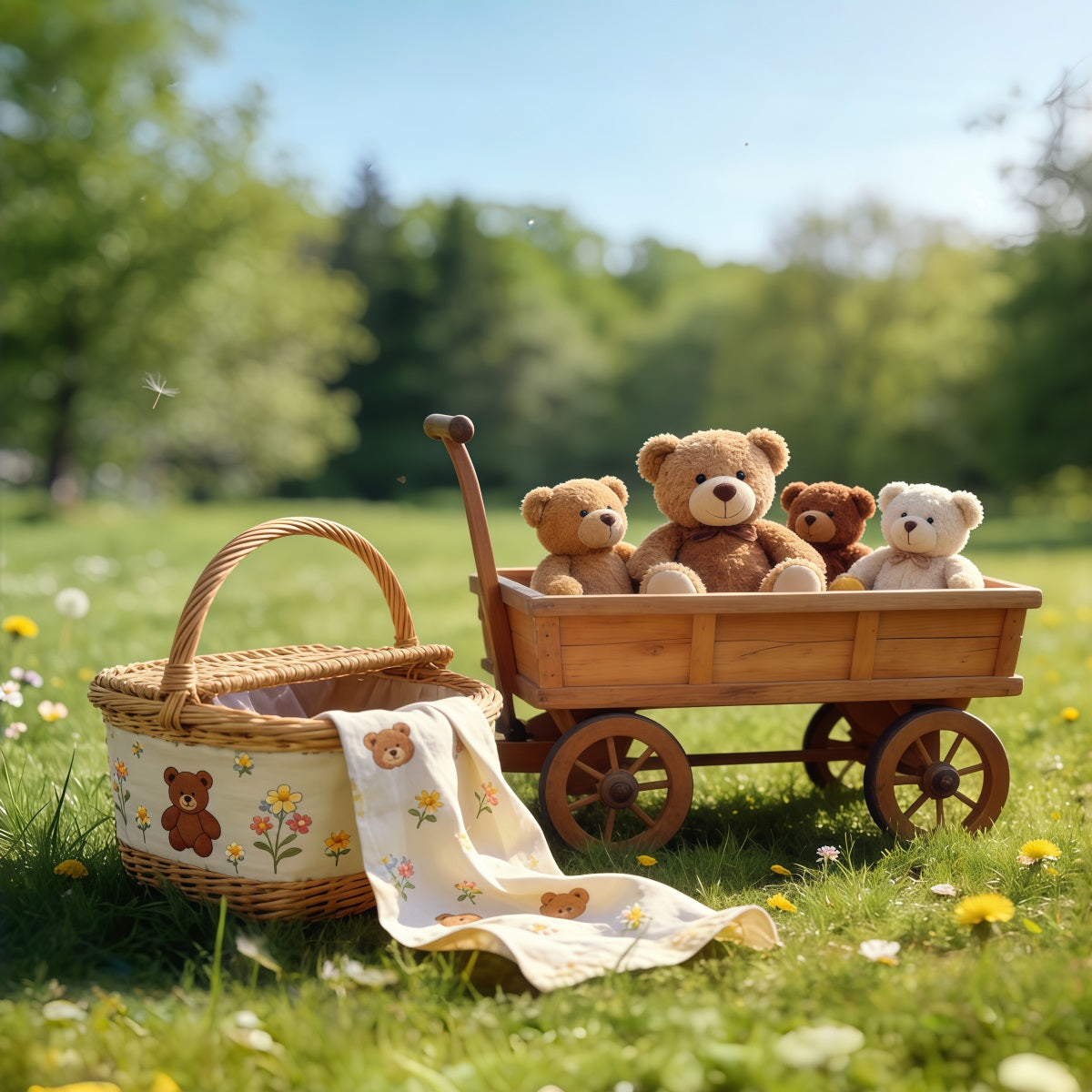 Toile de fond Photo Printemps Chariot Ours En Peluche Prairie Extérieur CSH61-140