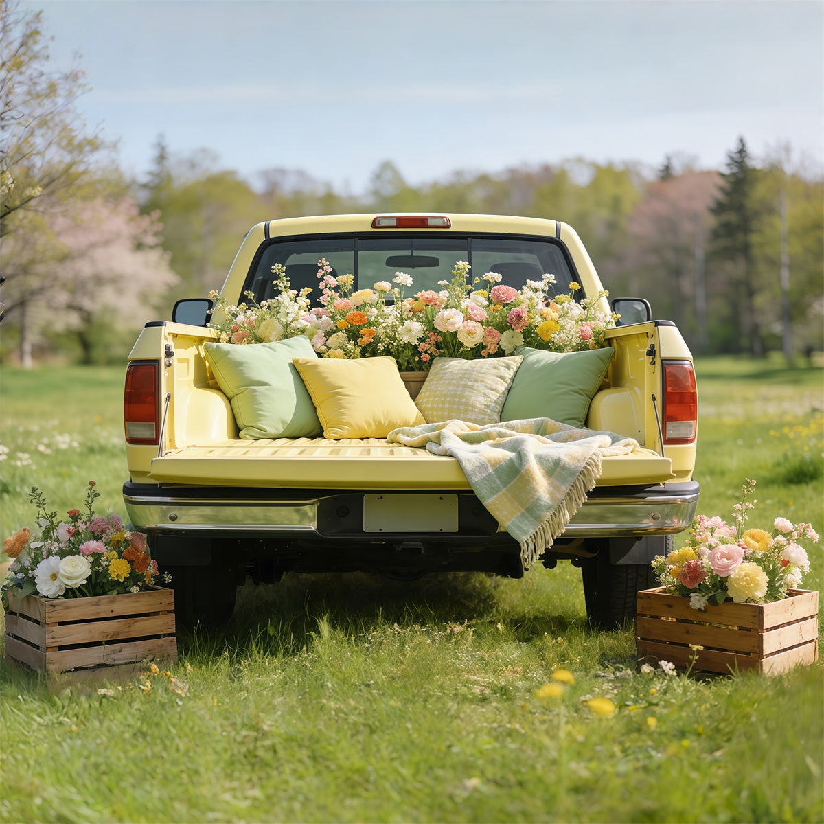 Toile de fond Fleur Camion Jaune Vintage Fleurs CSH61-146