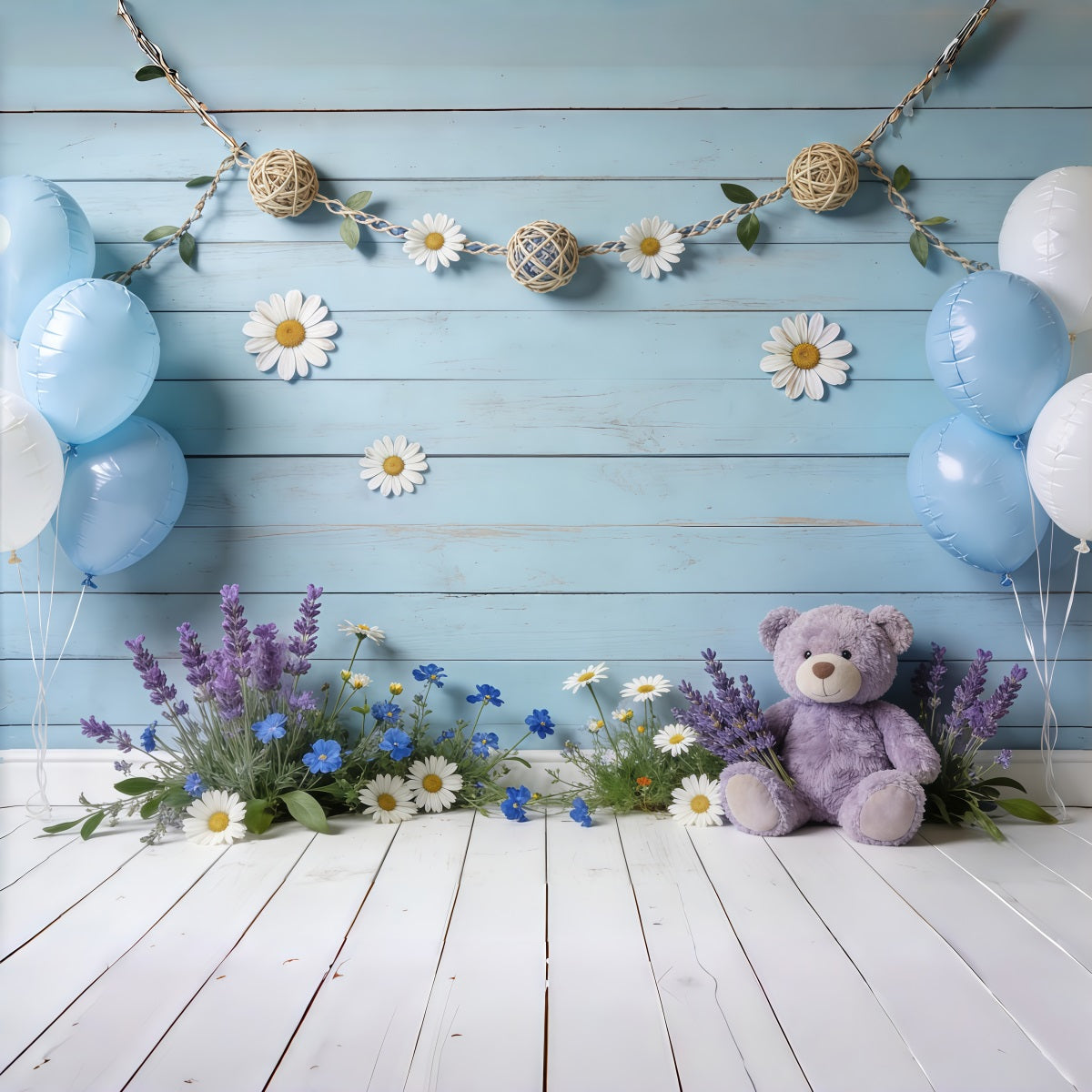 Toile de fond Printemps Mur Bois Bleu Ballon Ours CSH61-150