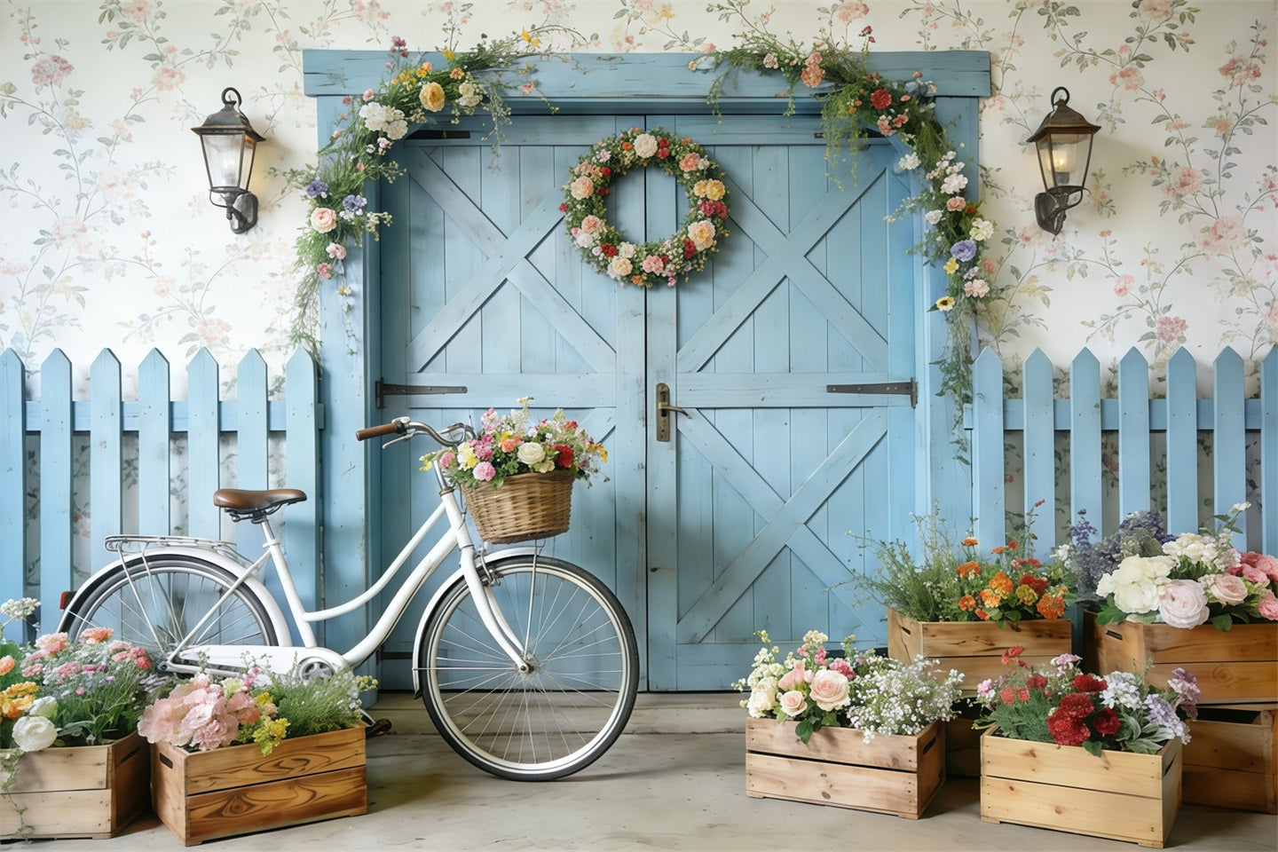 Toile de fond Photo Fleur Porte Grange Bleue Vélo Fleurs CSH61-152