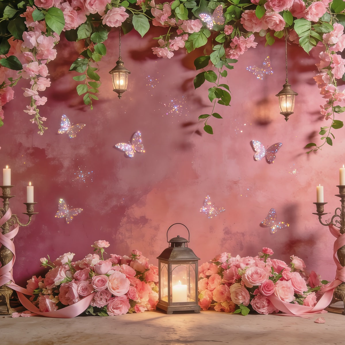 Toile de fond Fleur Lanterne Rose Papillon Lueur CSH61-154