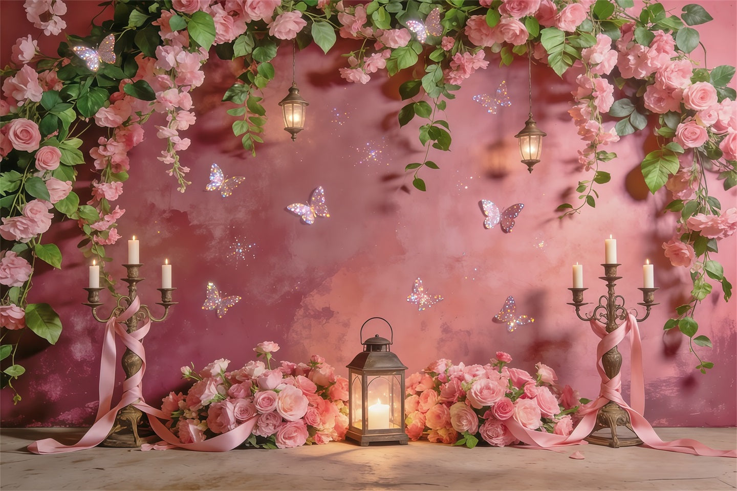 Toile de fond Fleur Lanterne Rose Papillon Lueur CSH61-154