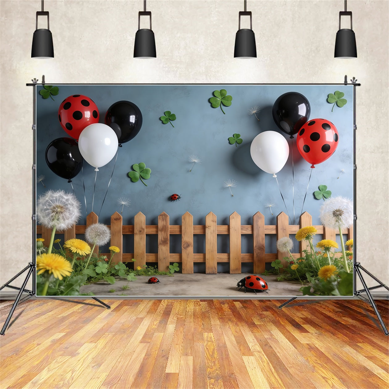 Toile de fond Photo Printemps Clôture Ballons Trèfle Pissenlit CSH61-156