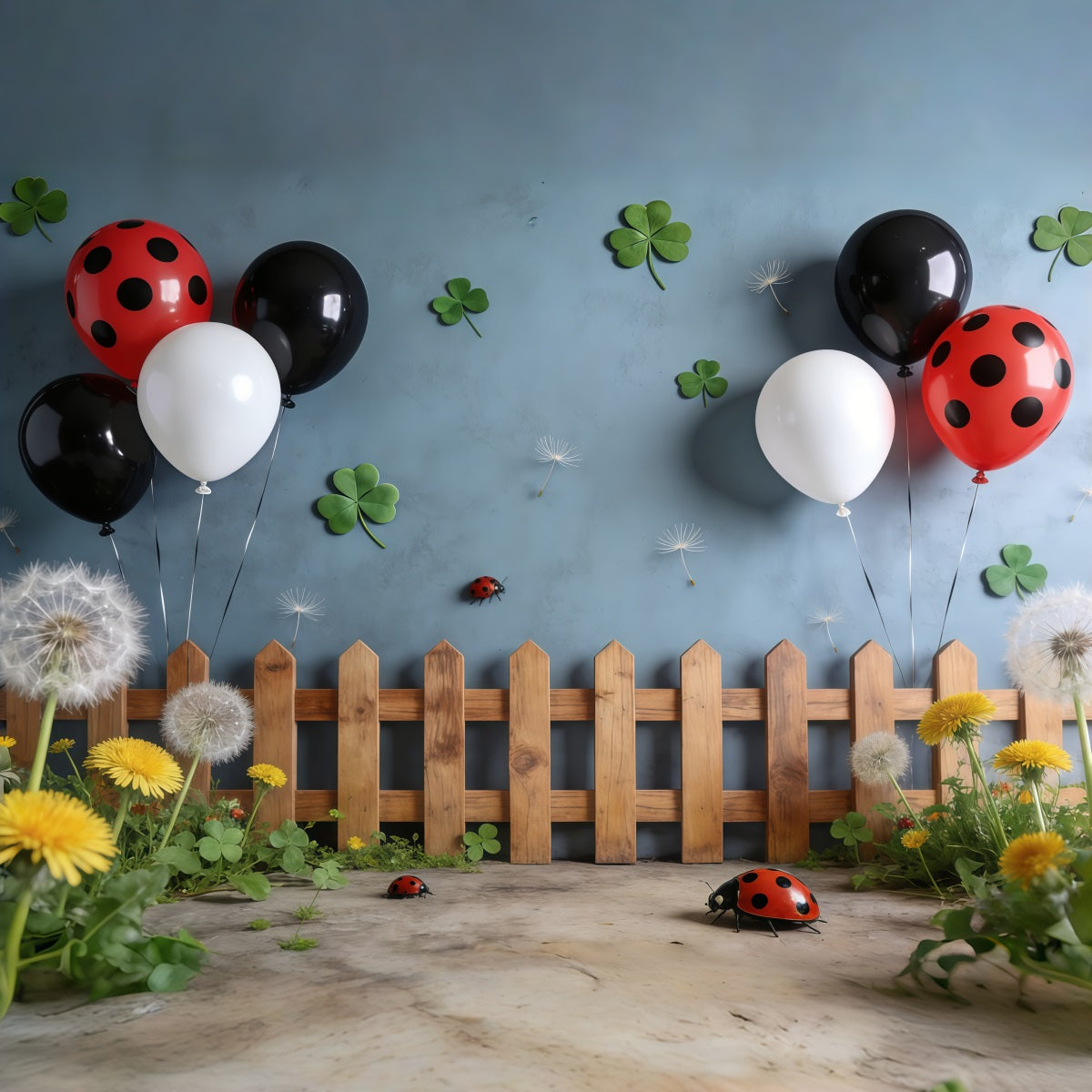 Toile de fond Photo Printemps Clôture Ballons Trèfle Pissenlit CSH61-156