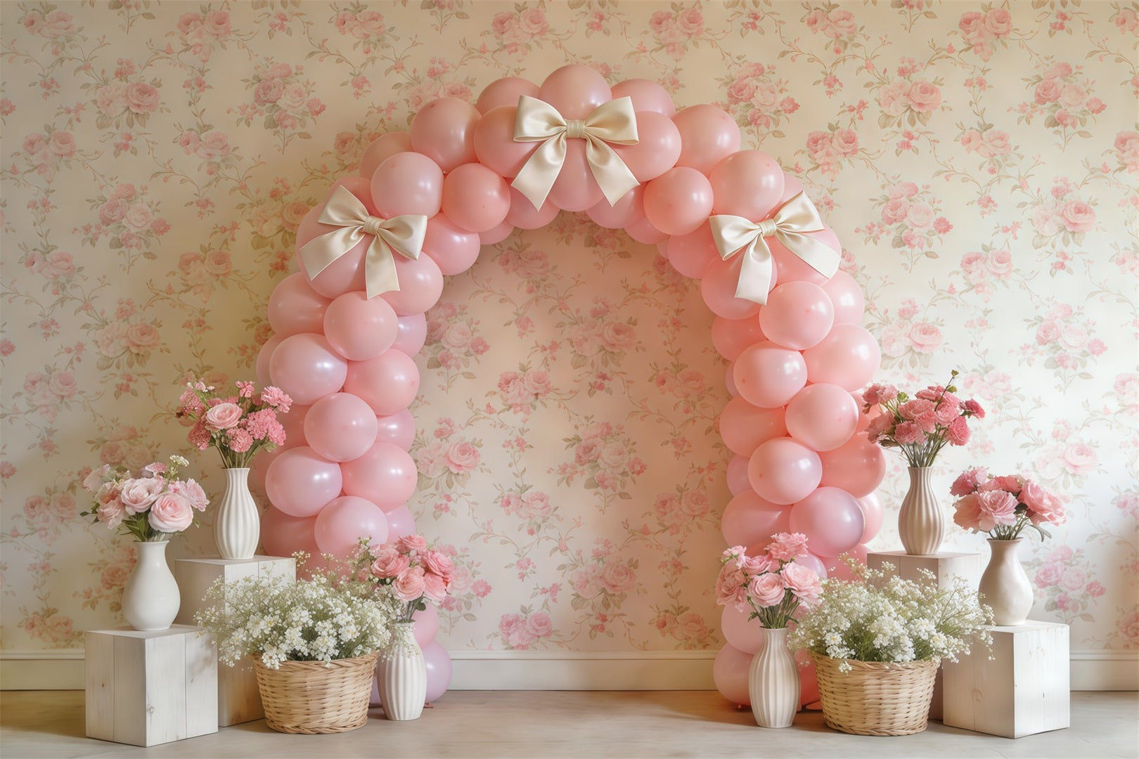 Fond Studio Photo Floral Mur Décor Floral Arche Nœud Rose CSH61-159