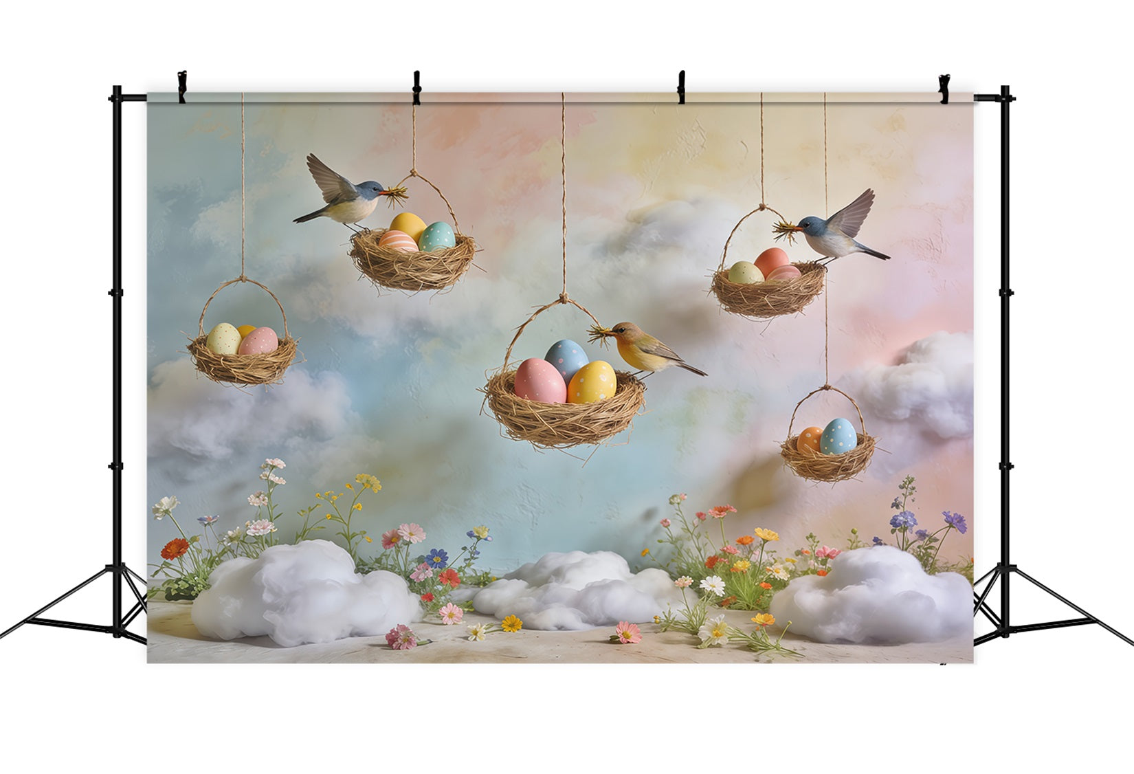 Toile de fond Photo Printemps Nid Œufs Ciel Pastel Fleurs Sauvages CSH61-164
