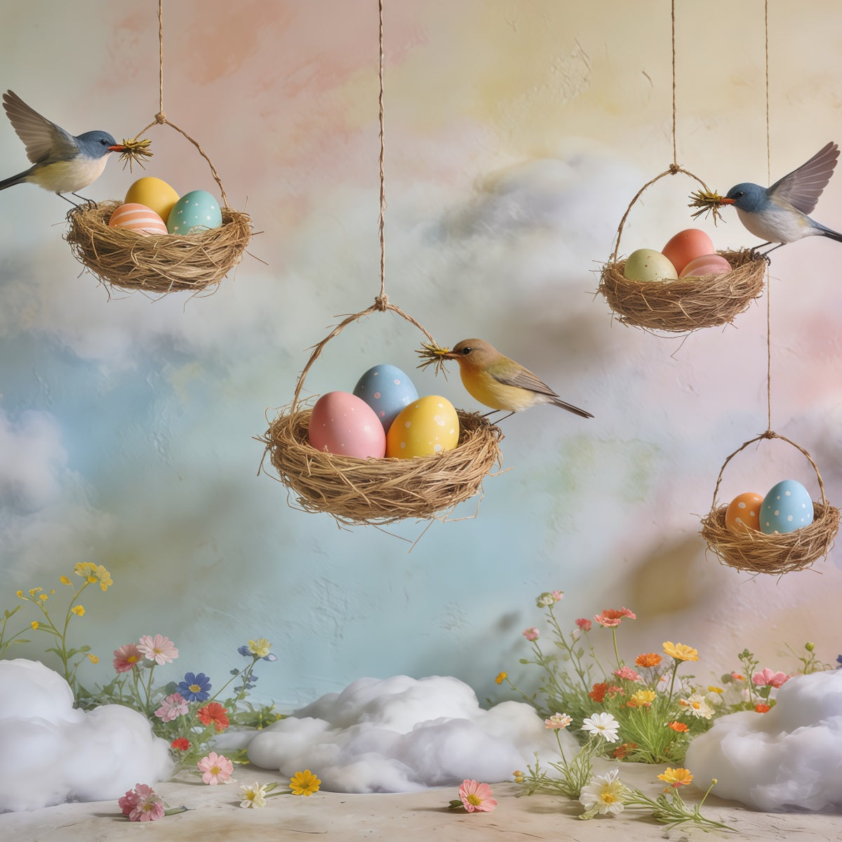 Toile de fond Photo Printemps Nid Œufs Ciel Pastel Fleurs Sauvages CSH61-164