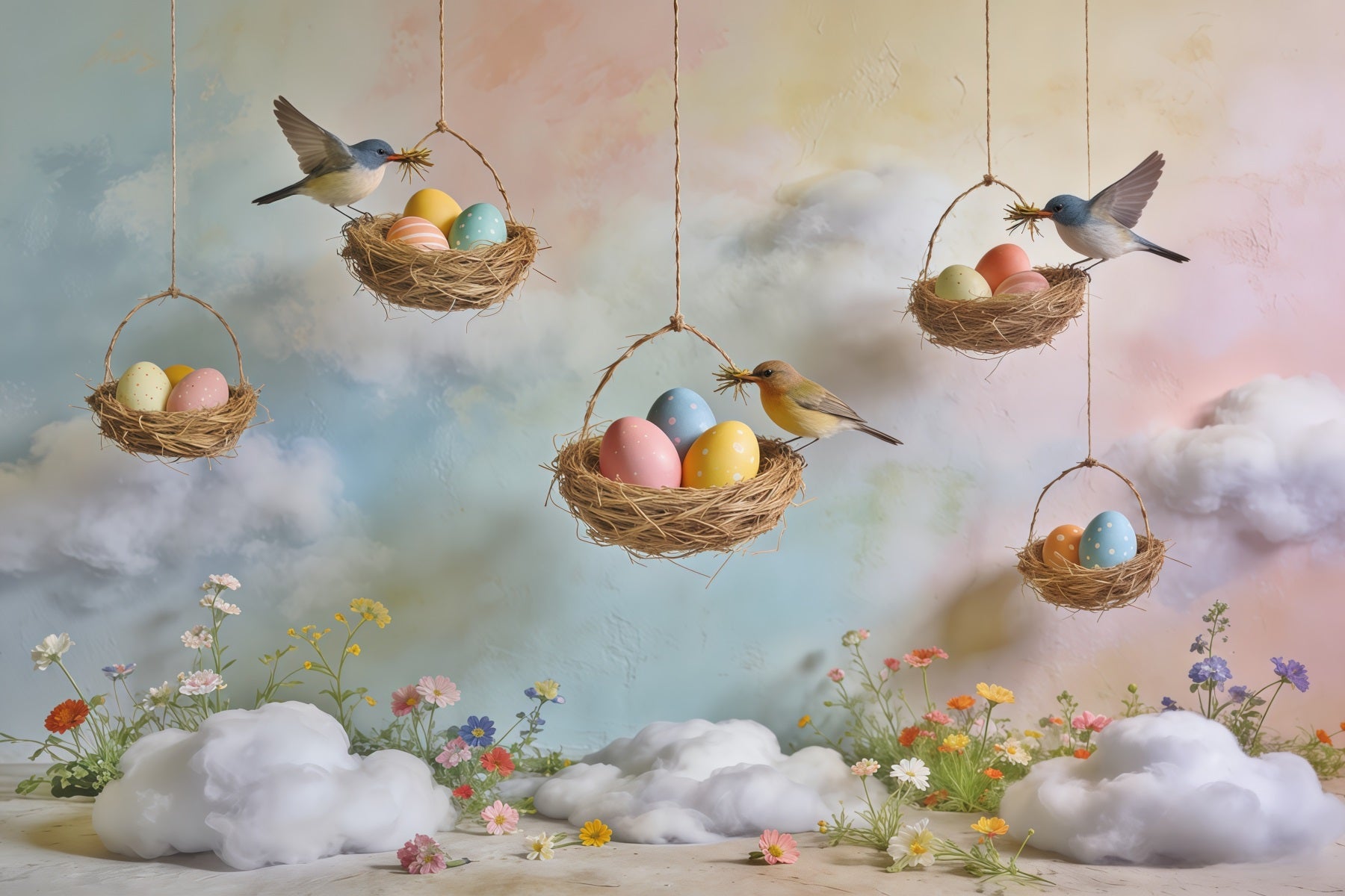 Toile de fond Photo Printemps Nid Œufs Ciel Pastel Fleurs Sauvages CSH61-164