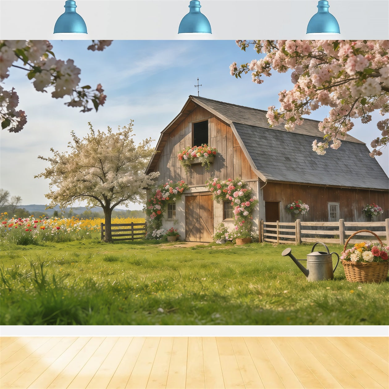 Toile de fond Photo Printemps Prairie Fleurs Ferme Rustique CSH61-172