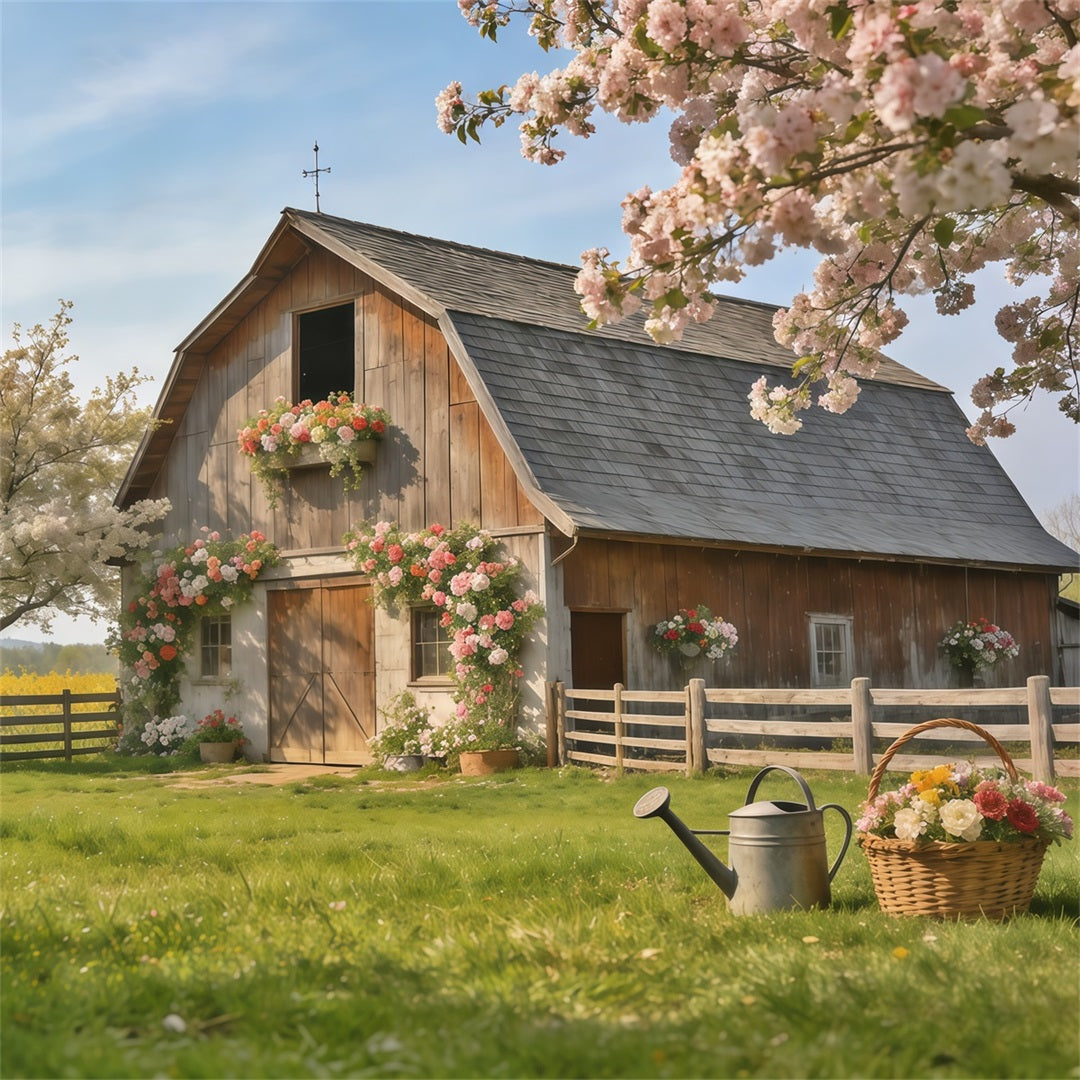 Toile de fond Photo Printemps Prairie Fleurs Ferme Rustique CSH61-172