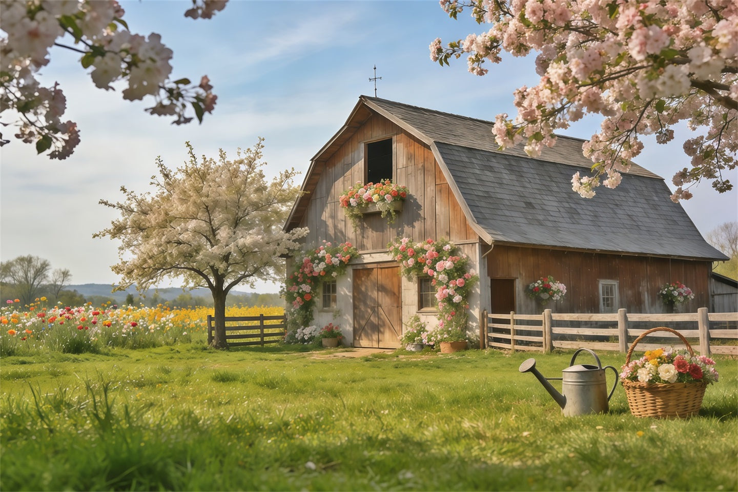 Toile de fond Photo Printemps Prairie Fleurs Ferme Rustique CSH61-172