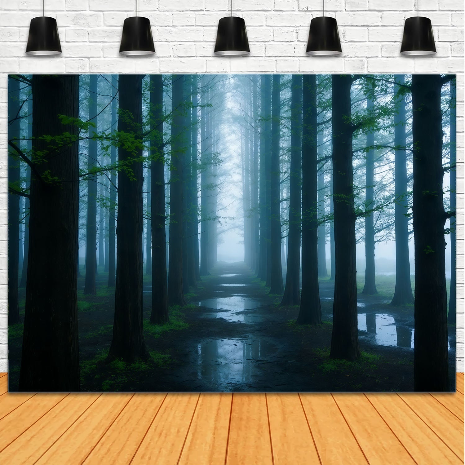 Toile de Fond Forêt Effrayante Couloir Forêtier Bleu Brumeux CSH61-200
