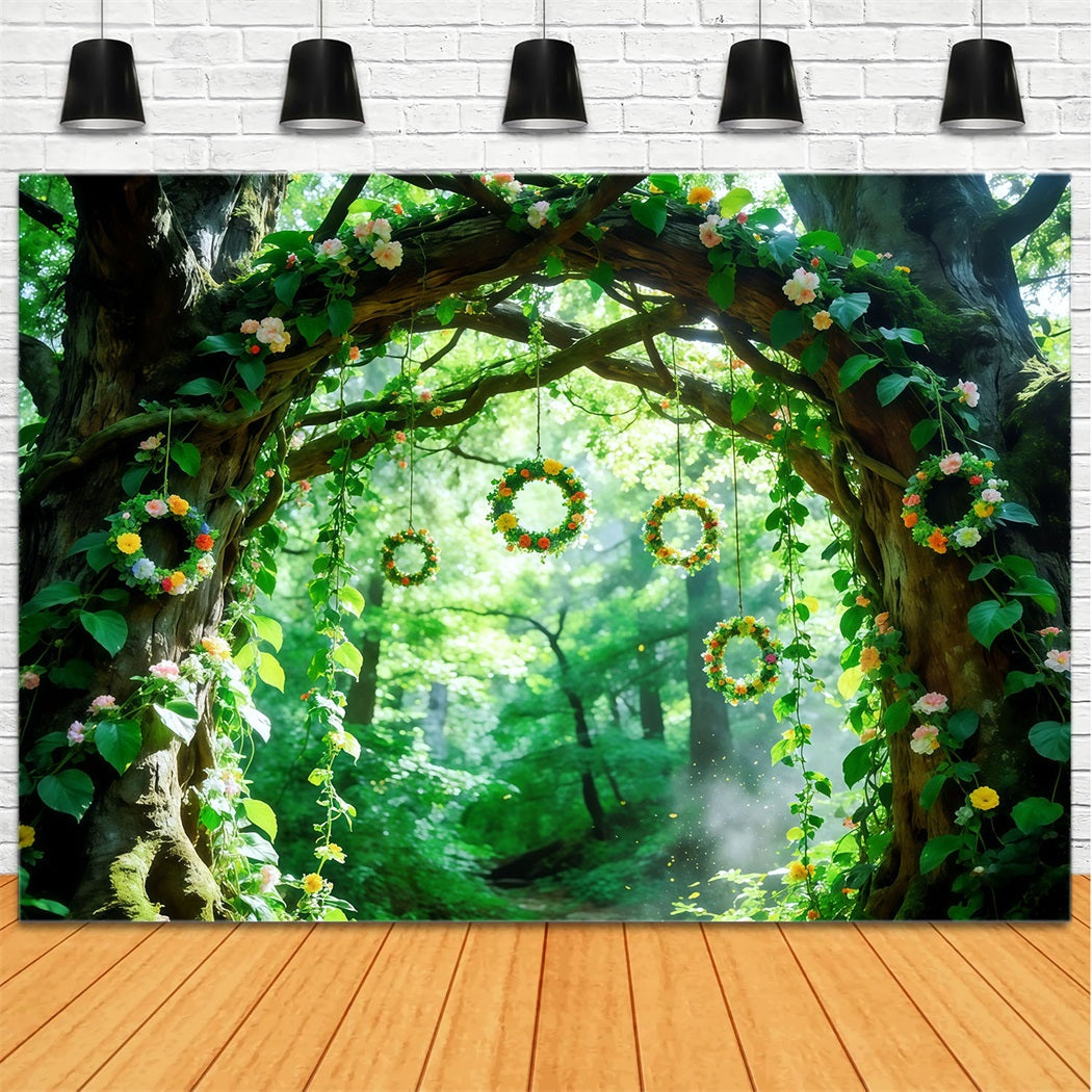Toile de Fond Forêt Verte Arche D’Arbres Lianes Florales CSH61-202
