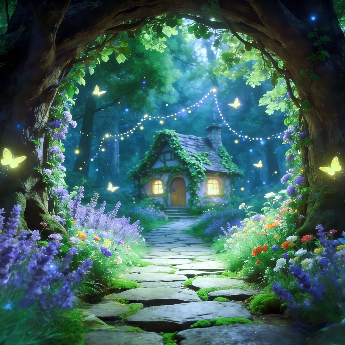Fond Studio Forêt Magique Allée Jardin Cottage Lucioles CSH61-203