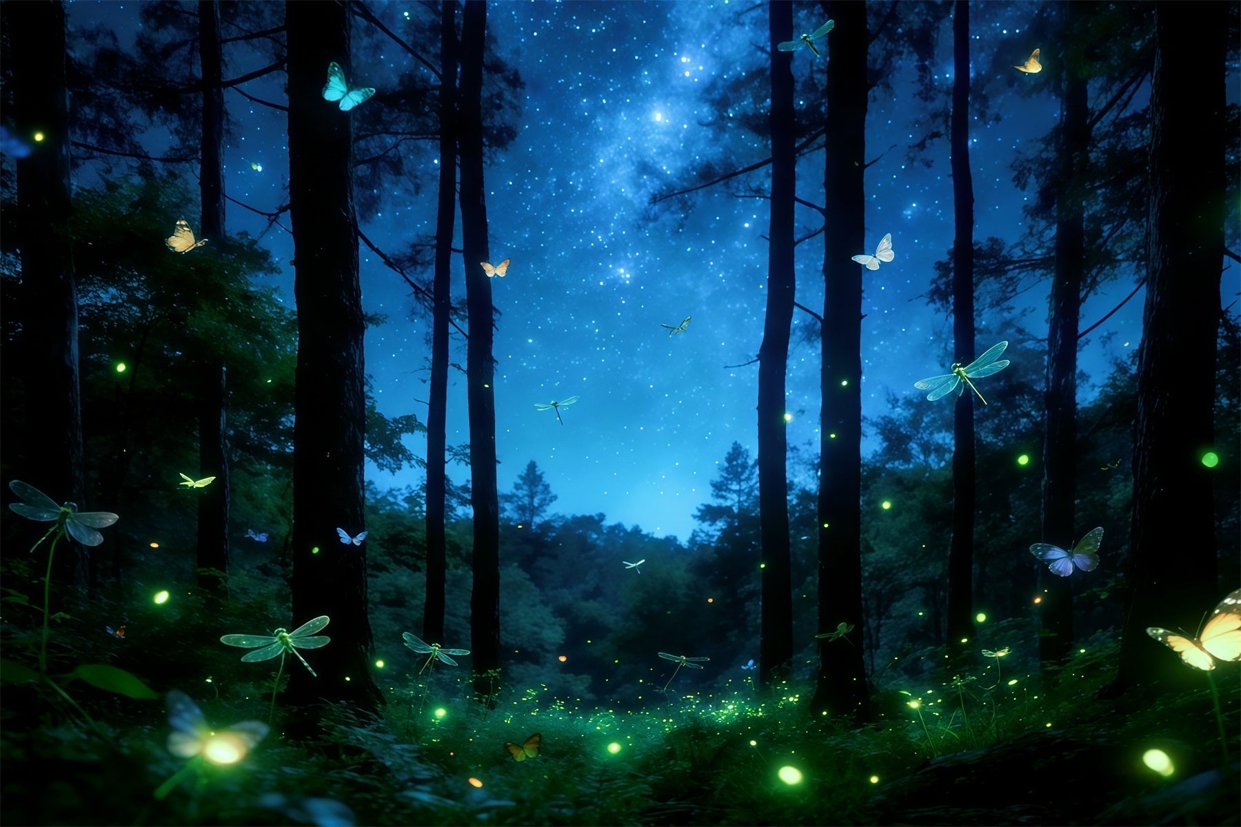 Toile de Fond Forêt Enchantée Bosquet Rêve Papillons Ciel Étoilé CSH61-207